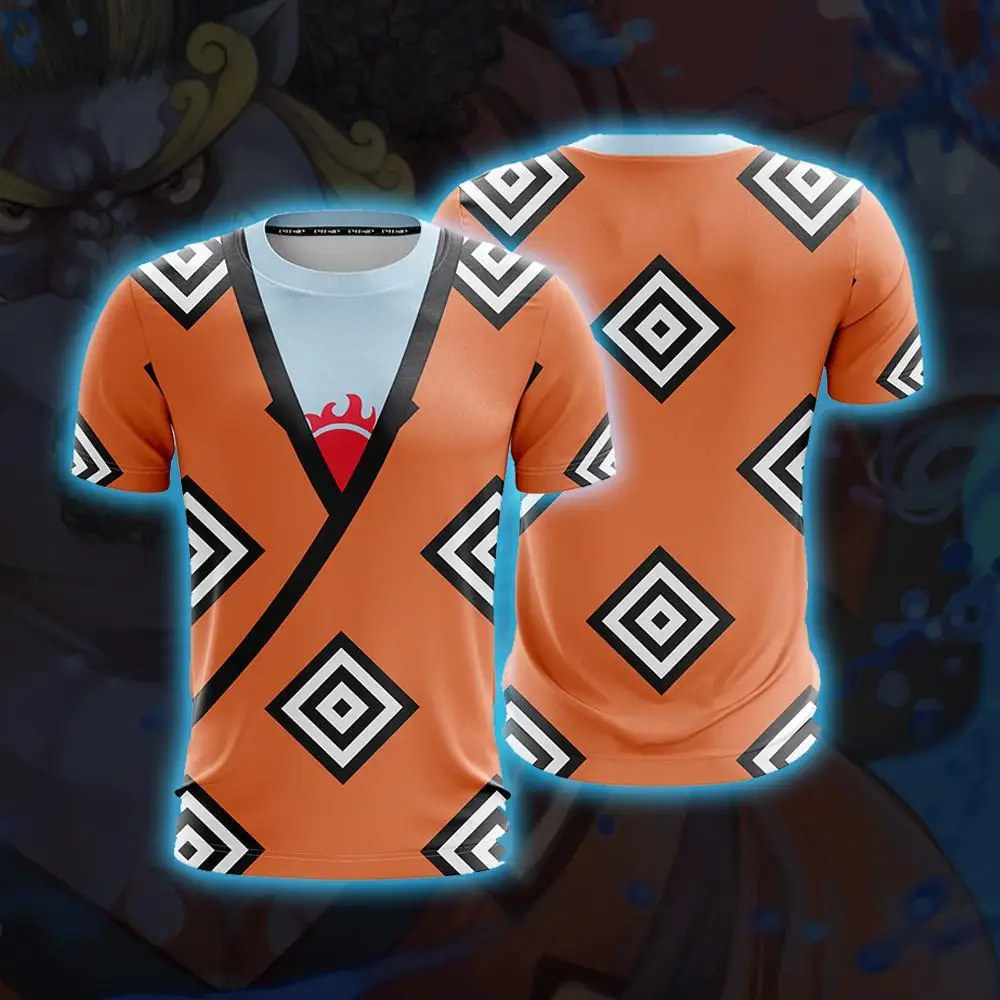One Piece Jinbe Cosplay T-shirt Men Women 3D All Over Print Orange Diamond Pattern Short Sleeve Anime PirateCharacter CostumeTee