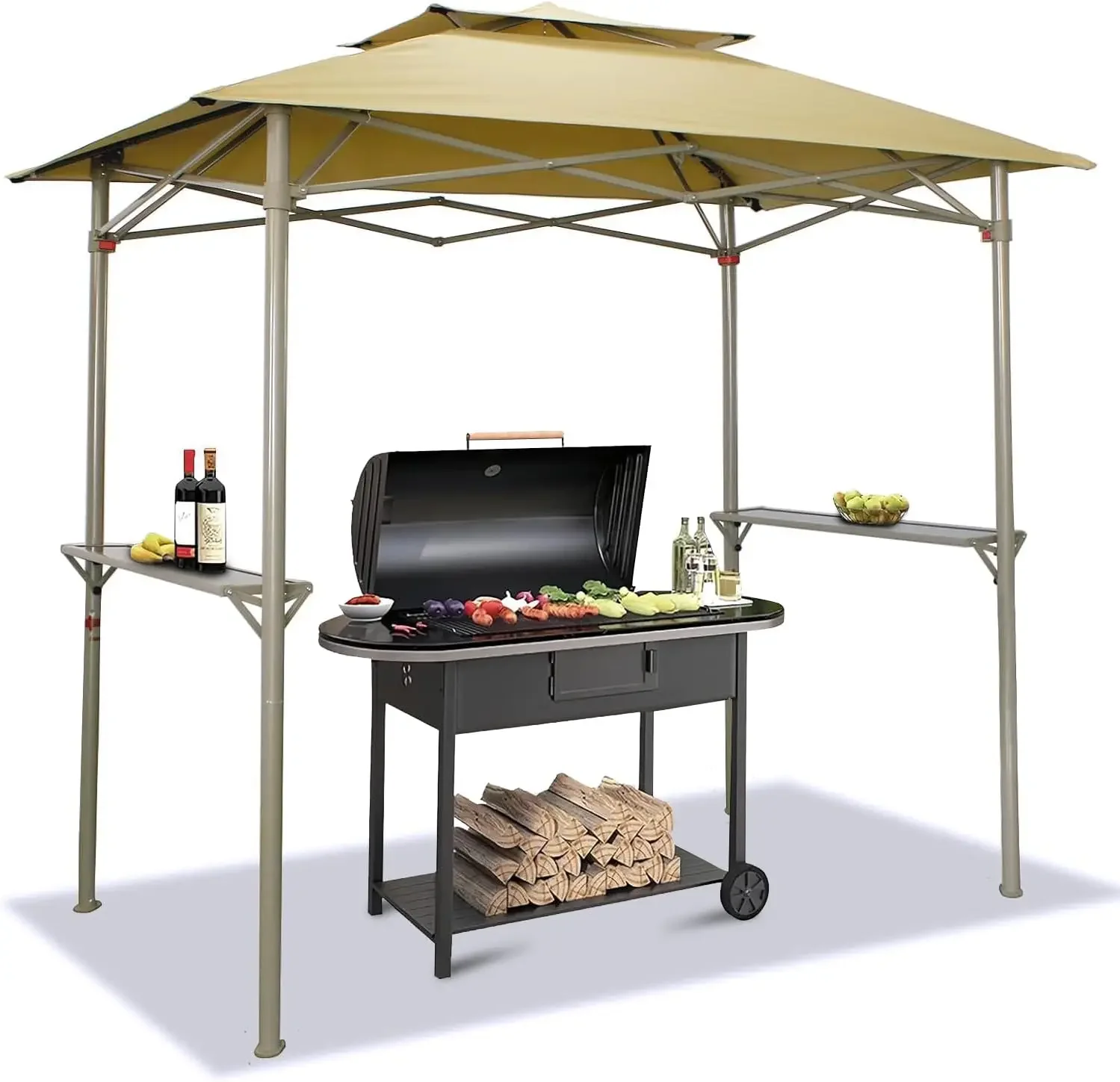 Backyard Patio - Easy Outdoor Barbecue Shade Cover with Double Tier Vented Top & 2 Side Shelves (Beige)