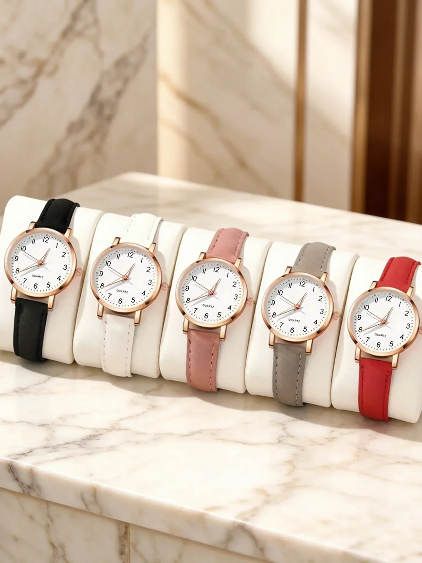 5Pcs Women Quartz Watch Set, 5 Styles Weekly Rotation Wear Simple Round Dial Leather Strap Ladies Wristwatch Relogio Feminino