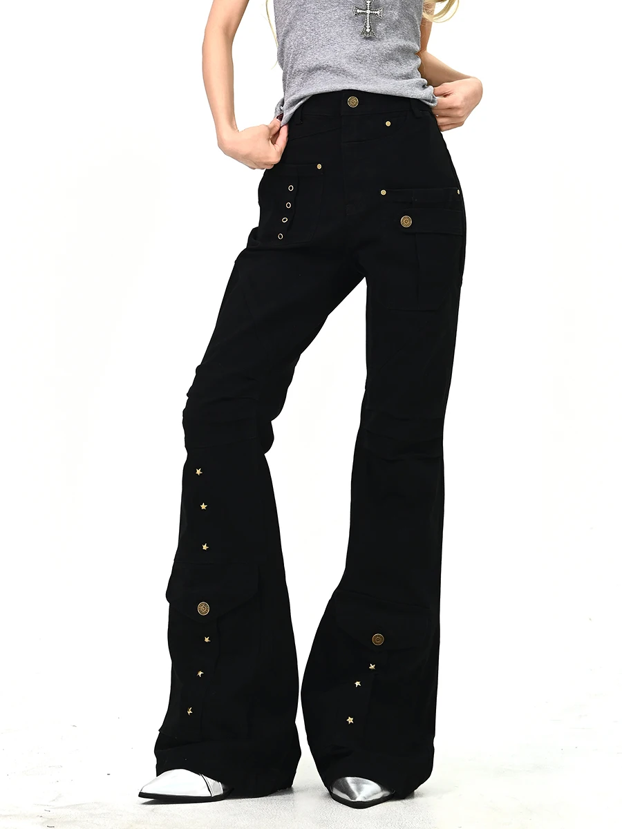 

American Sle Bell Bot Jeans Women's Heavyweight Rivet Patchwork Denim Pants Spring New Retro Straight Leg Trousers