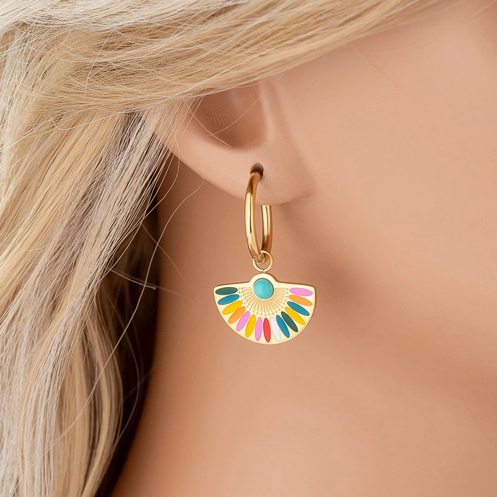 JeeMango Trendy Bohemia Fan Hoop Earrings For Women 18K Gold Plated Stainless Steel Handmade Colorful Glaze Earrings JE22200