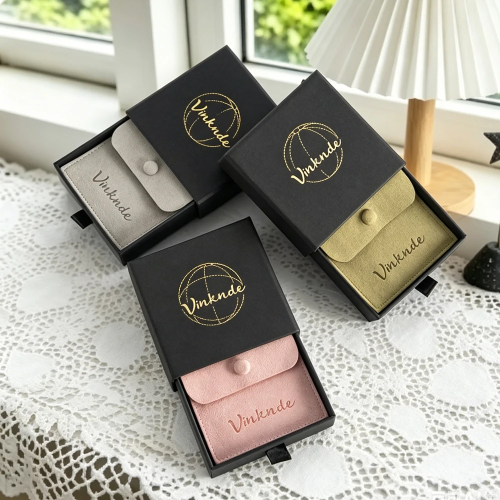 

24/50/100Pcs Black Paper Jewelry Box with Insert Microfiber Snap Pouch for Ring Bracelet Earrings Necklace Key Wedding Gift Box