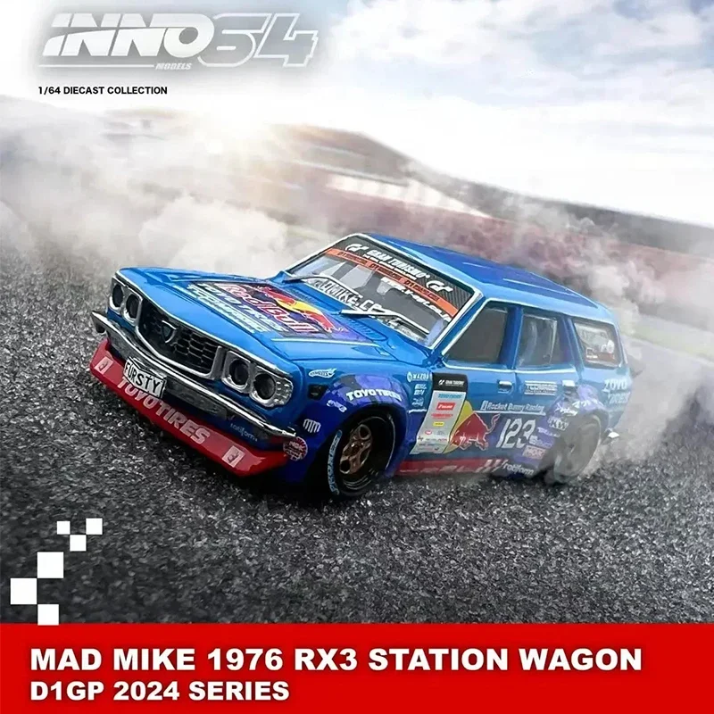 

INNO In Stock 1:64 MAD MIKE 1976 MAZDA RX3 Station Wagon D1GP Series 2024 Diecast Diorama Car Model Collection Toys
