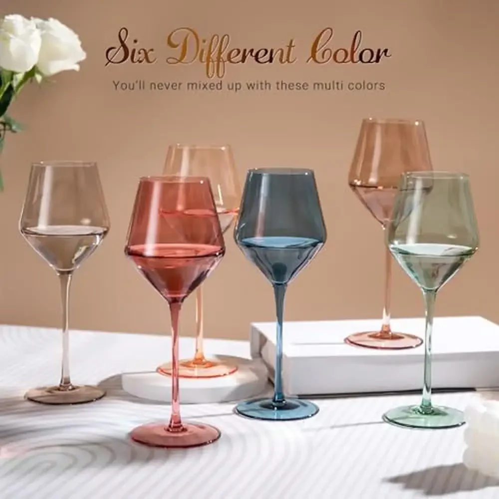 Colored Wine Glasses Set 6-16oz Multicolor Wine Glasses with Stem【HandBlown】 Colorful Wine Glasses Set,Unique Holiday Wine