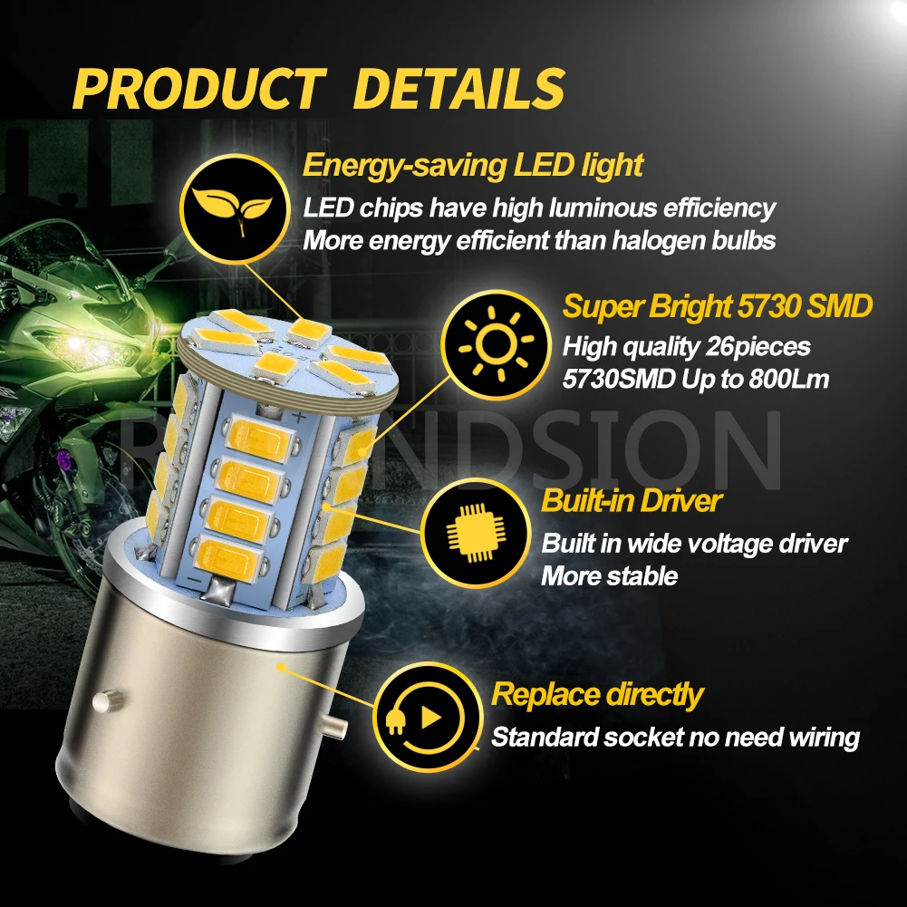 RUIANDSION BA21D LED Motorcycle Moped Scooter HeadLight Bulb 5730SMD DC 6V-30V 12V 24V Lemon Yellow High Low Beam