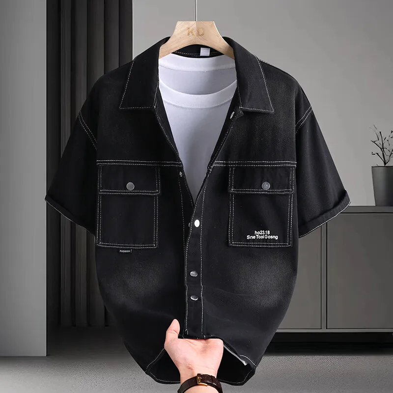 Immagine 4: Camicia in Denim da Uomo, Moda Estiva, Tinta Unita, Traspirante, in Misto Cotone, Casual, Manica Corta, Stile Urbano