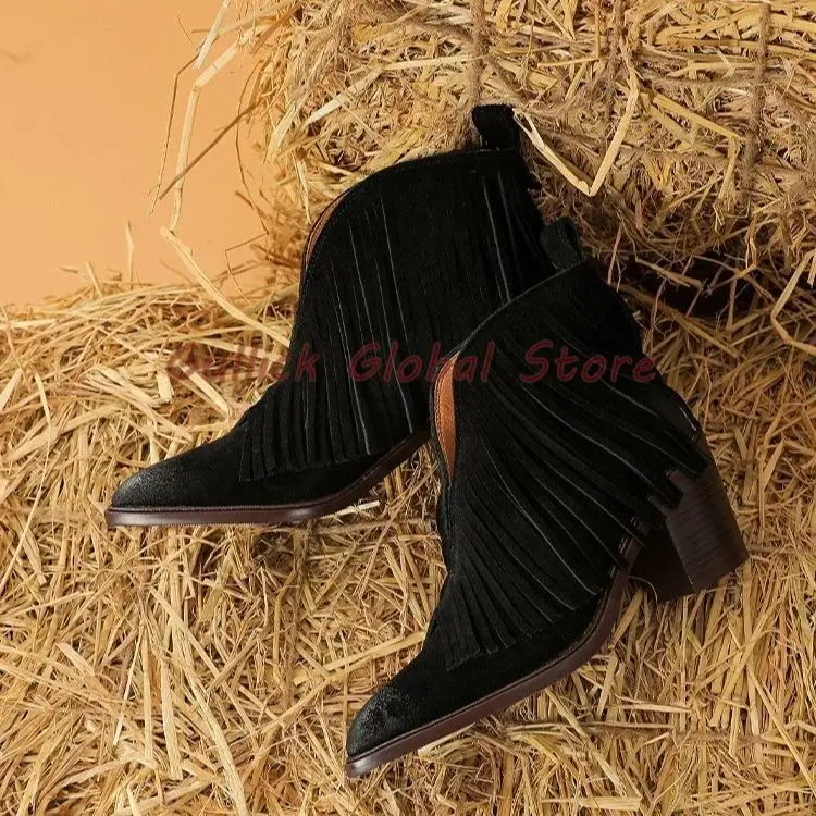 Women Lady Shoes Matte Cowhide Tassel Boots Retro High Heel Ankle Boots Spring and Autumn Style Casual