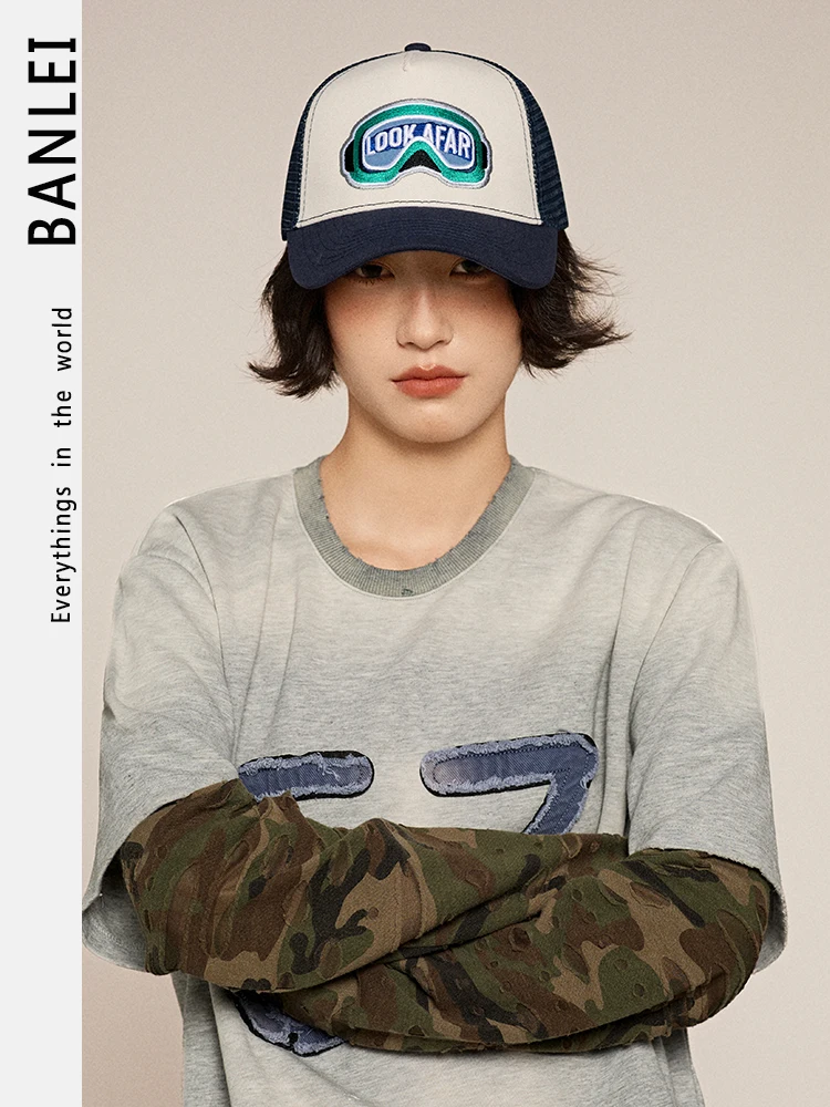 

Vintage letter embroidery baseball cap summer mesh shade color matching outdoor hat peaked cap men