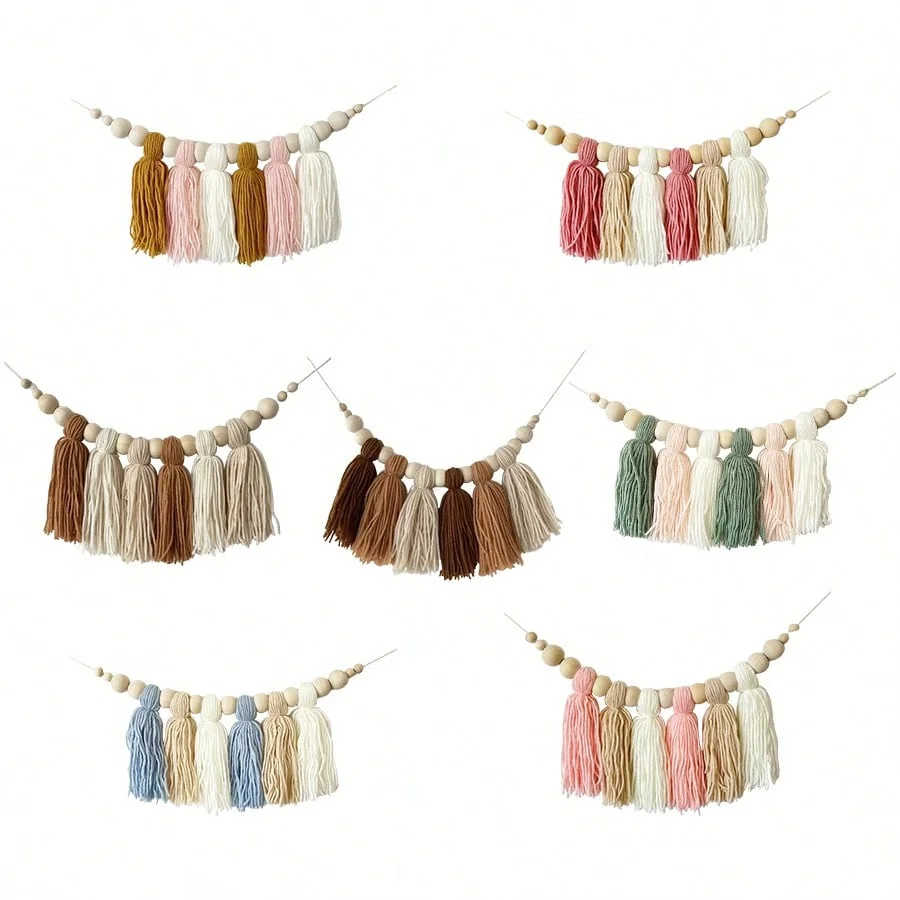 Boho Cotton Tassel Garland Wall Decoration with Wooden Beads Nursery Decor for Baby Room Tent Hanging Pendant Photo Props