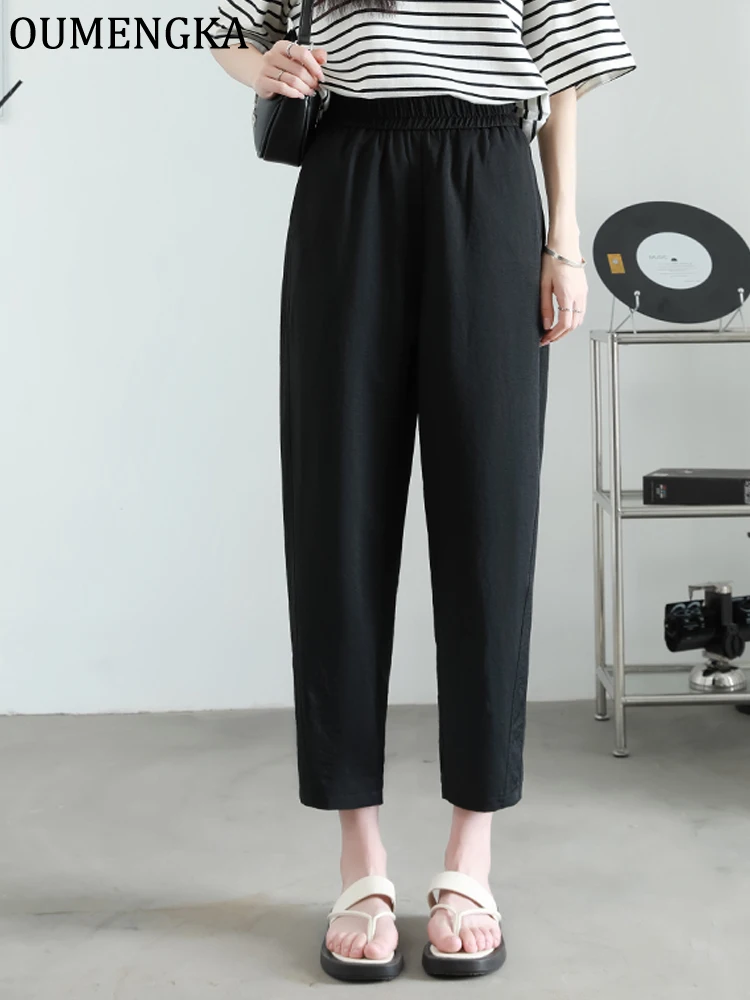 OUMENGKA Ladies Summer Thin Chic Casual Wear Tapered Pants Women Fashion Solid Elastic Waist Calf Length Outfits Harem Trousers