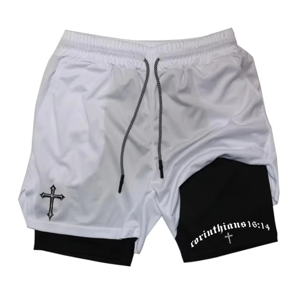 Últimos Shorts Esportivos 2 em 1 com Estampa Bíblica Cruzada, Moda Fitness para Academia e Corrida com Bolso para Celular, Secagem Rápida