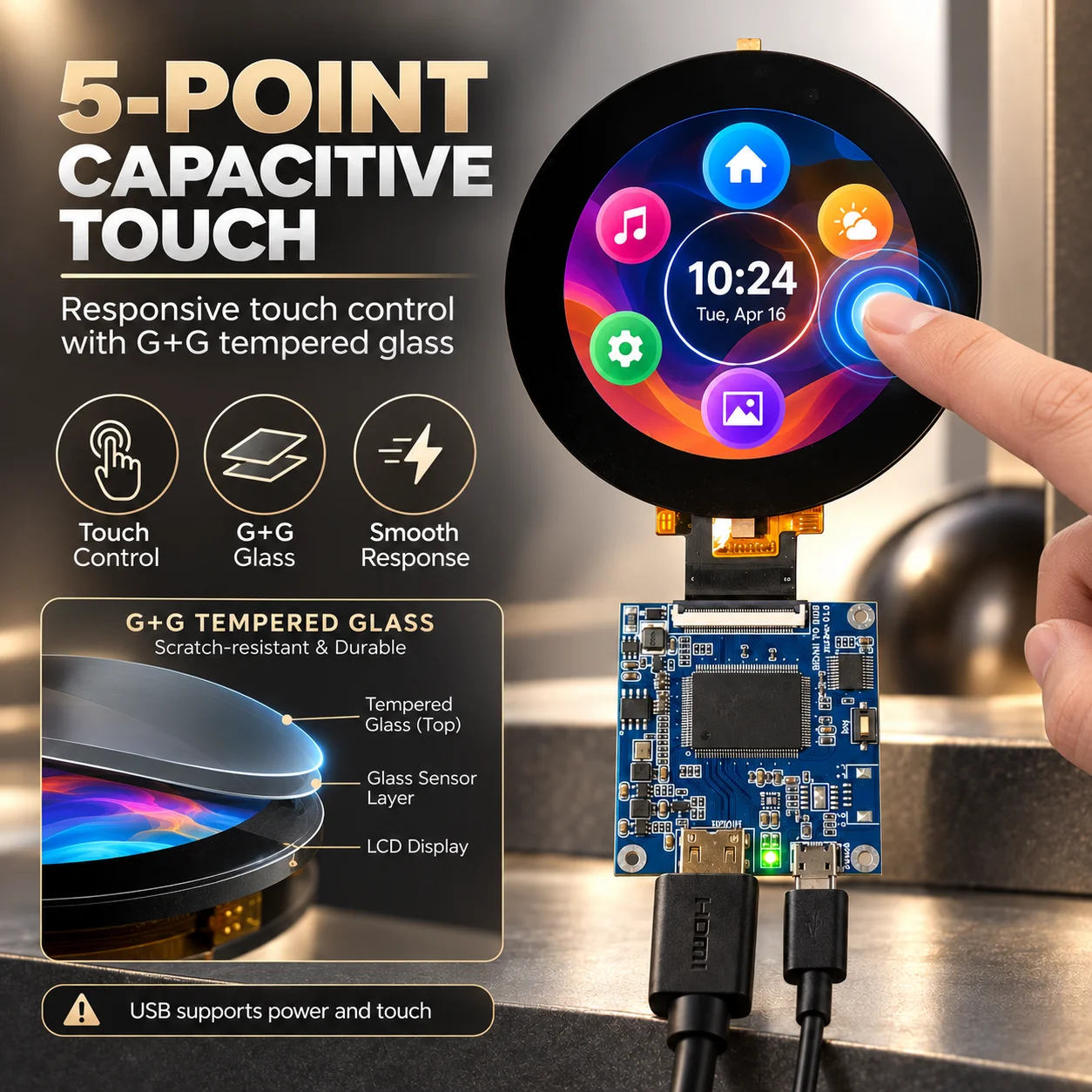 LESOWN 2.8 Inch 480x480 Touch Screen LCD Module HDTV USB Mini Display for PC Case Sensor Panel DIY Dashboard