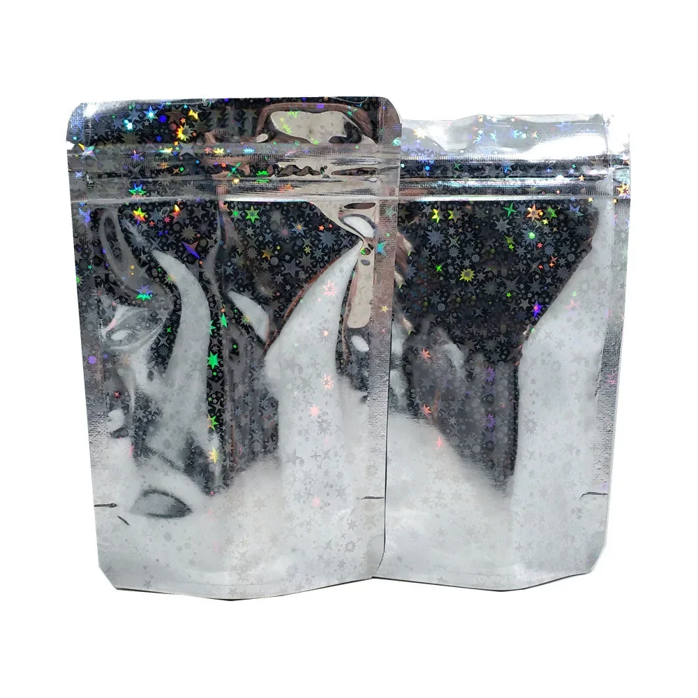 100Pcs Zip Lock Glittery Star Mylar Foil Stand Up Bag Self Grip Seal Tear Notch Doypack Resealable Food Snack Packaging Pouches