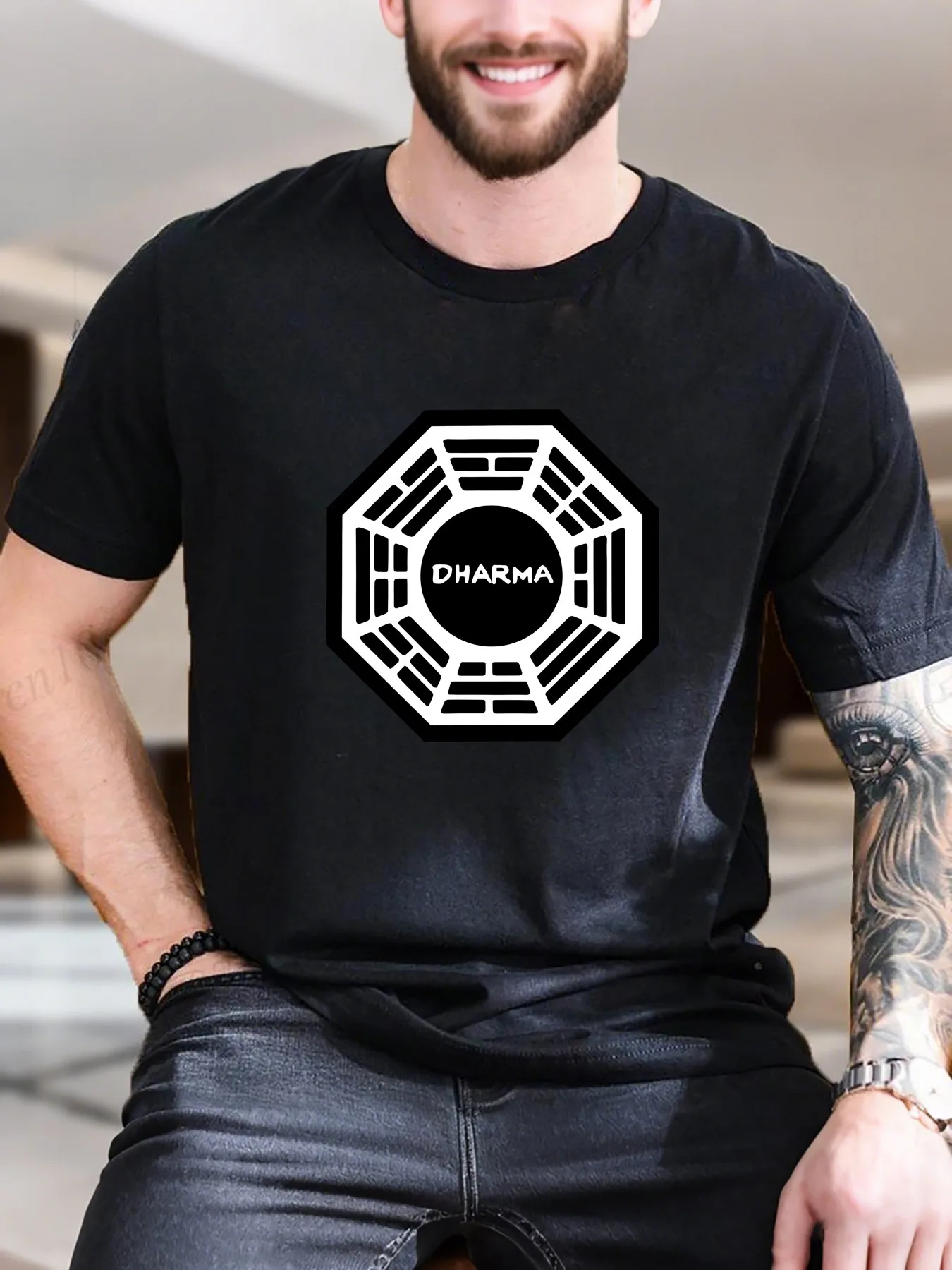 

New Arrival Fashion Dharma Wheel Print Men's Cotton T-Shirt Breathable Soft Casual Tee with Buddhist Symbol Trendy Streetwear for Men