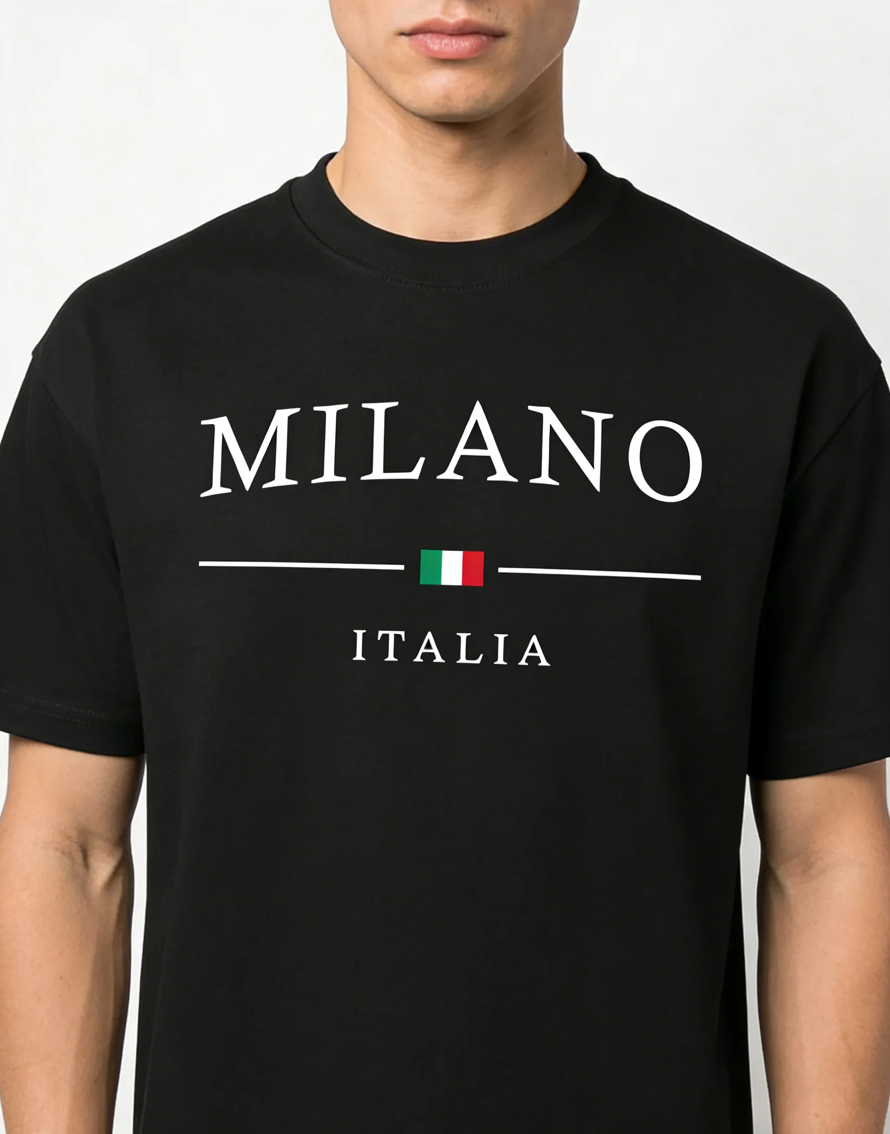 Camiseta de Manga Corta para Hombre, 100% Algodón Puro, Estilo Casual Italiano, Cuello Redondo con Estampado de Letras Milán