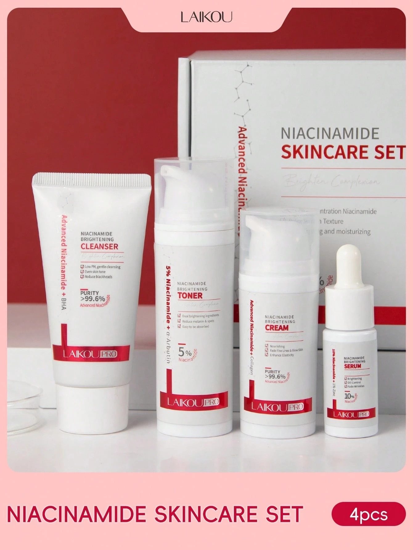 LAIKOU PRO Niacinamide 4Pcs Brightening Skin Care Set Cleanser Toner Serum Cream Facial Kit