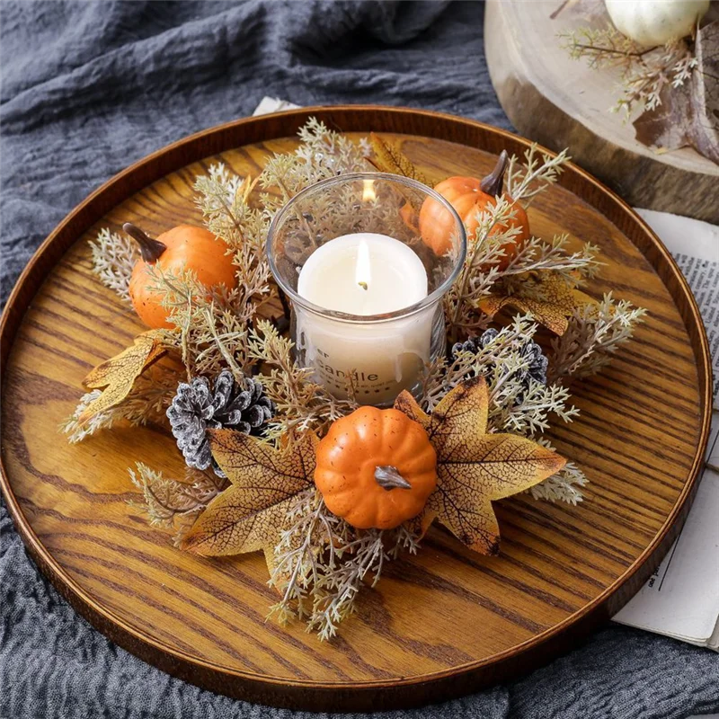 AS94-4PCS Christmas Candle Rings Pumpkins Maple Leaves Candle Rings Wreaths Mini Fall Autumn Artificial Candle Rings