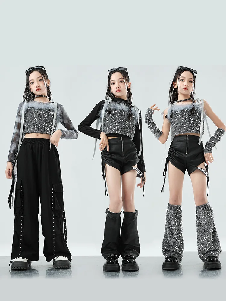 Jazz Dance Sequins Hairy Hiphop Suit Performance Costumes Girls Children T-stage Runway Fashion Hip-hop Street Dance Clothes