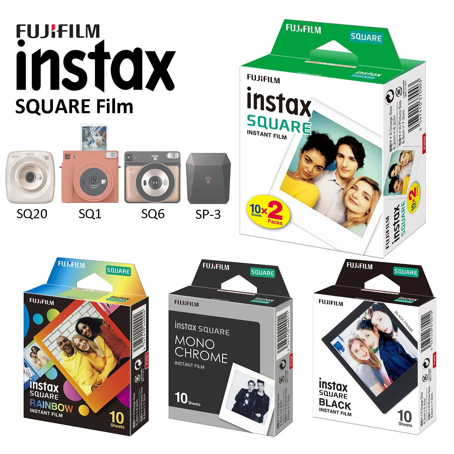 Fujifilm-Mini película cuadrada para impresora Instax, papel fotográfico con borde blanco y negro, para cámara, SQ10, SQ6, SQ20, Share SP-3, 10-50