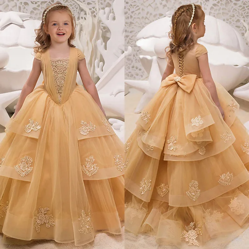 

Elegant Princess SweepTrain Flower Girl Dresses For Wedding Party Tulle Ruffle Pleated Short Sleeves Square Neck with Bow