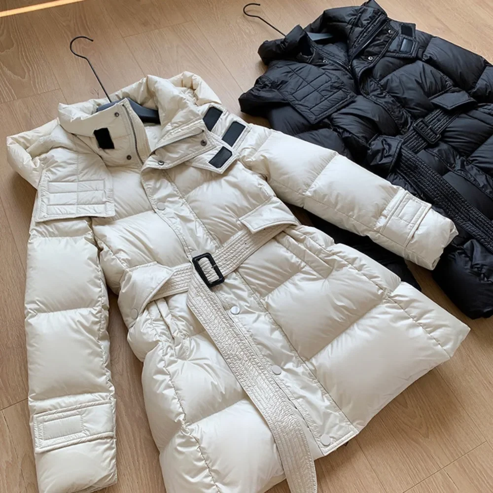 Fashion Puffer Jacket Women Down Jacket New Winter Coats Women White Duck Down Coat with Belt Female Thick Warm Slim Parka