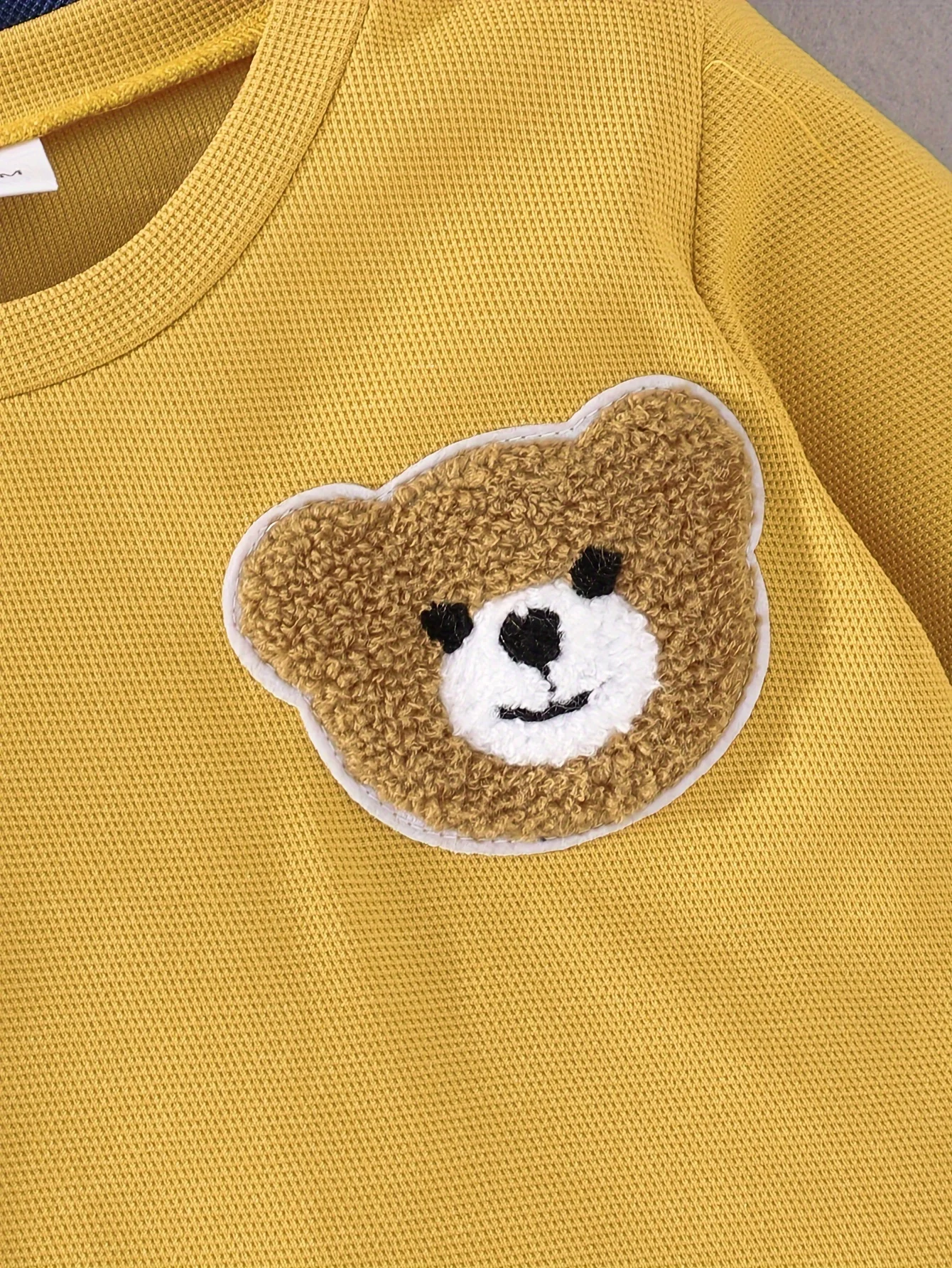 3 Sets Baby Boy Spring And Autumn Cute Bear Stick Cloth Embroidered Waffle Collar Long Sleeve Base Shirt 3 Warm Solid Color