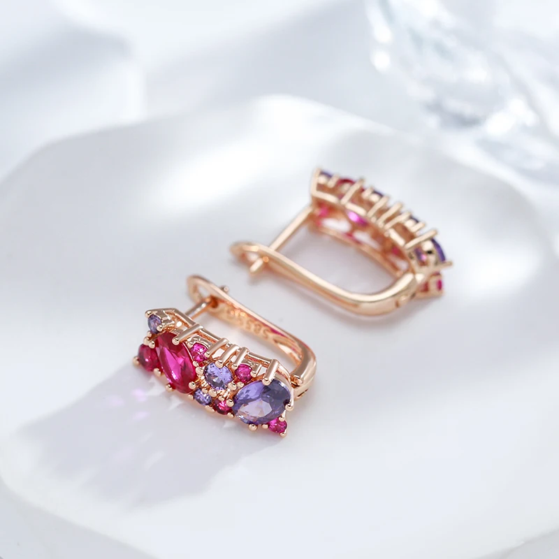 Kinel New Vintage Purple Natural Zircon Earrings for Women 585 Rose Gold Color Ethnic Wedding Jewelry Daily Party Accessories