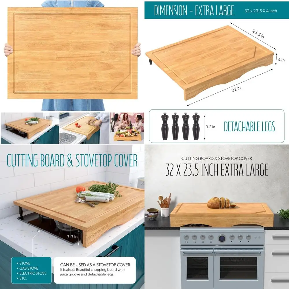 

Extra Large Solid Wood 2-in-1 Cutting Board and Stovetop Cover - Over The Sink Cutting Board and Gas Stove Protector for Kitchen