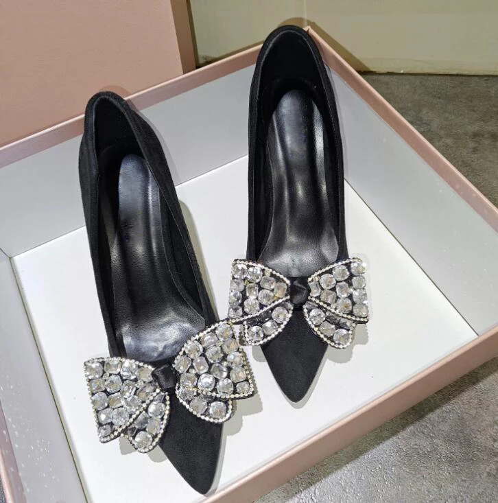 Fashion Big diamond  Rhinestone Bowtie Black Suede Pumps Women Pointed Toe High Heels Crystal Butterfly Knot Woman Banquet Shoes