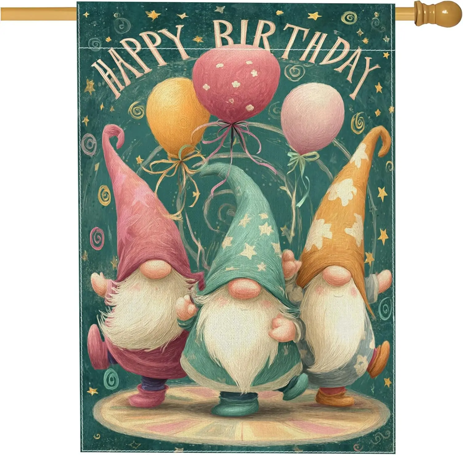 Gnomes House Flag, Birthday Festive Balloons Stars Birthday Teal Double Sided Burlap Outside Large Garden Flag for Outdoor P AAS