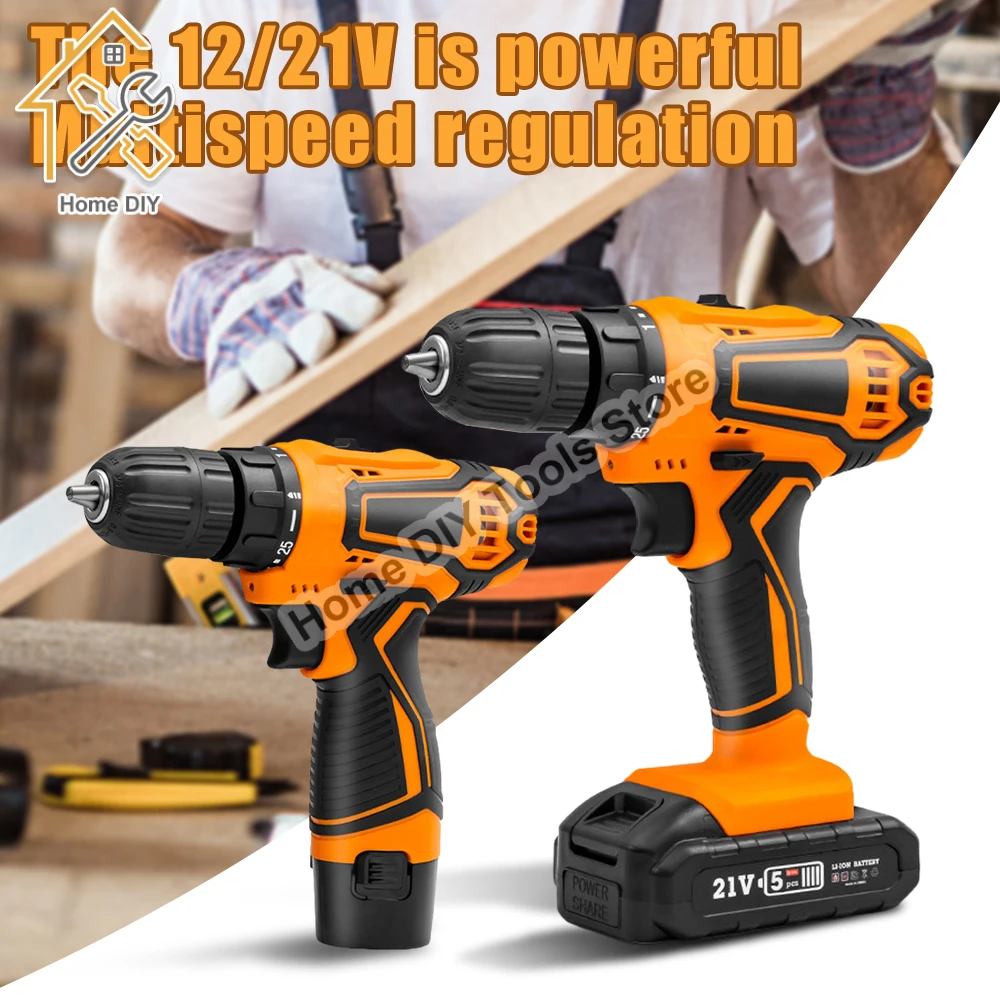 12/21V Impact Cordless Screwdriver high-power High Speed Drills Rechargeable Battery Drill Household Drill Power Tools