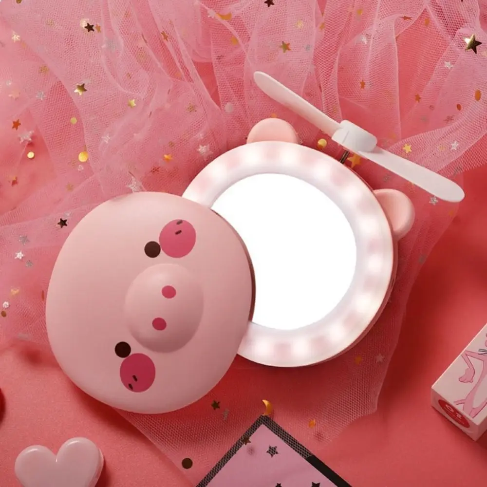 HD Mirror Cartoon Makeup Mirror with Fan Cute Creative Pink Piggy Fan Mini Round Led Cosmetic Mirror Outdoor