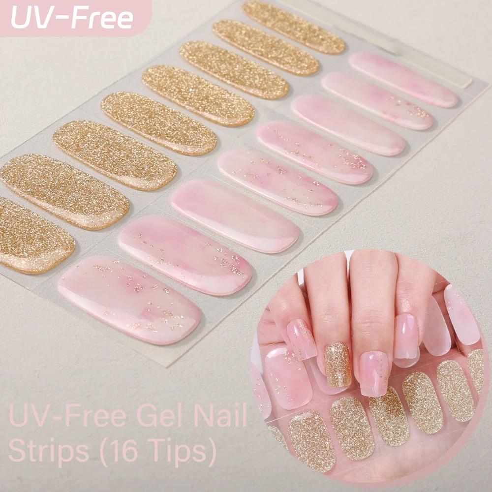 Radiant Shimmer Kollektion - Funkelnde UV-freie Gel-Textur Nagelstreifen 16 Stück Hochglänzende Glitzer & Goldfolien Keine UV-Lampe Erforderlich