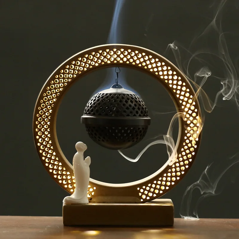 With 20 Cones USB LED Light Backflow Incense Holder Zen Meditation Relaxation Smooth Yoga Aromatherapy Home Decor