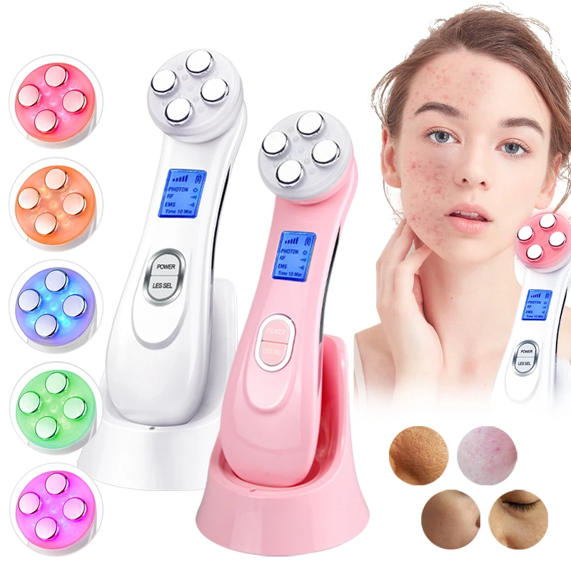 Cinco em um led fóton terapia térmica facial cuidados com a pele facial anti envelhecimento pescoço levantamento aperto e remoção de rugas máquina