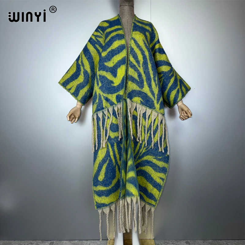 

WINYI Winter African cardigan retro print abaya outfits for women Fringed coat Open Front Kimono long down party maxi dress