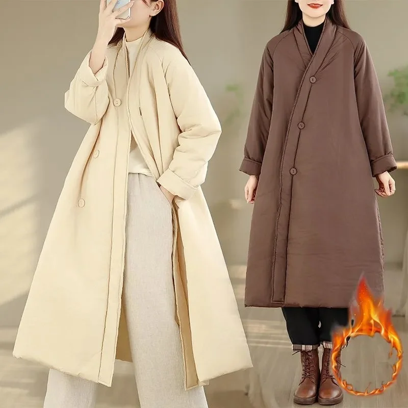 Retro Leisure Hanfu Cotton Jacket Women Simple And Loose, Warm Slanted Collar, Thick Medium And Long Padded Coat Robe W1461