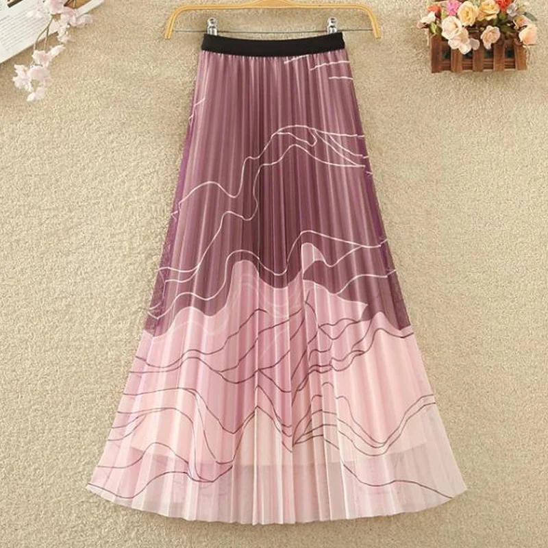 Sumemr New Fashion Elastic Waist A-line Skirt Women High Street Loose Elegant Pleated Printing Lace Patchwork Female Clothing