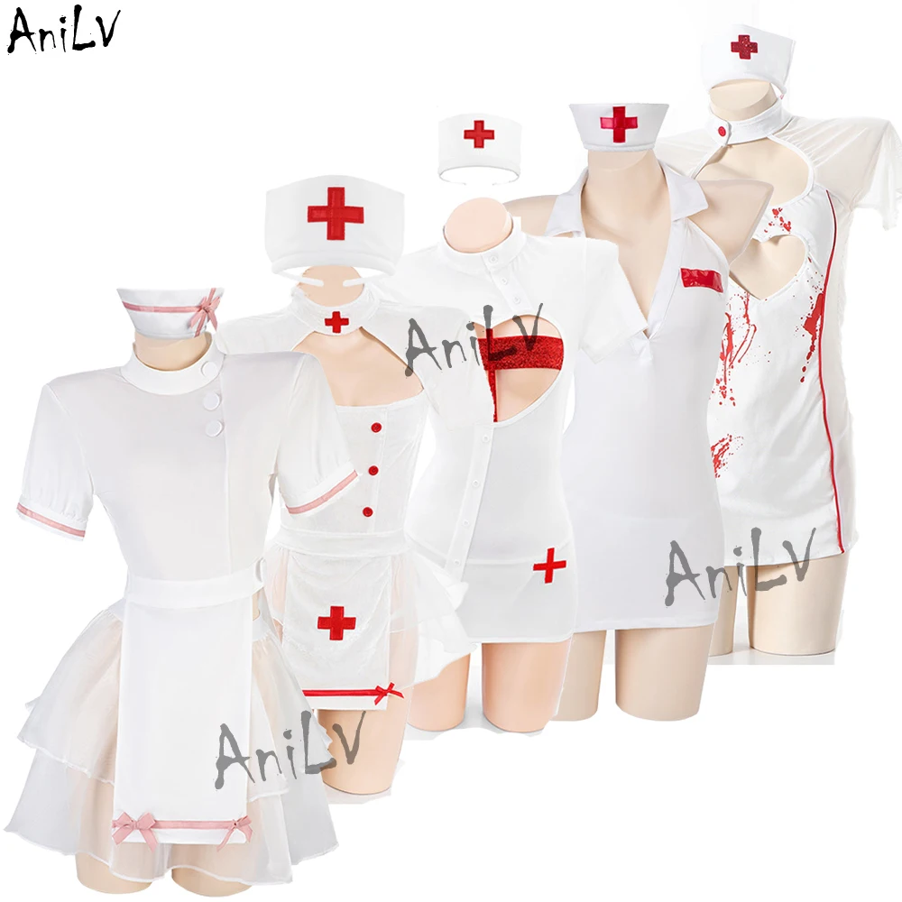 AniLV nueva serie de enfermeras uniforme Cosplay mujeres dulce amor corazón hueco vestido conjunto de trajes disfraces de Carnaval de Halloween