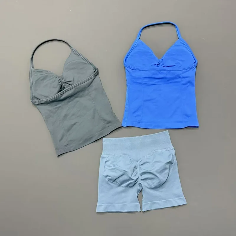 2 Piece Gym Set Women Seamless Longline Strappy Top Yoga Scrunch Shorts Workout Suit Quick Dry Breathable Running Sports Sets view 2