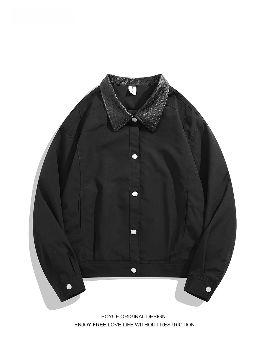 

Boyue Spring Autumn Patchwork Woven Leather Collar Workwear Casual ex Flight Jaet Long Sve Youth Faion Outerwear