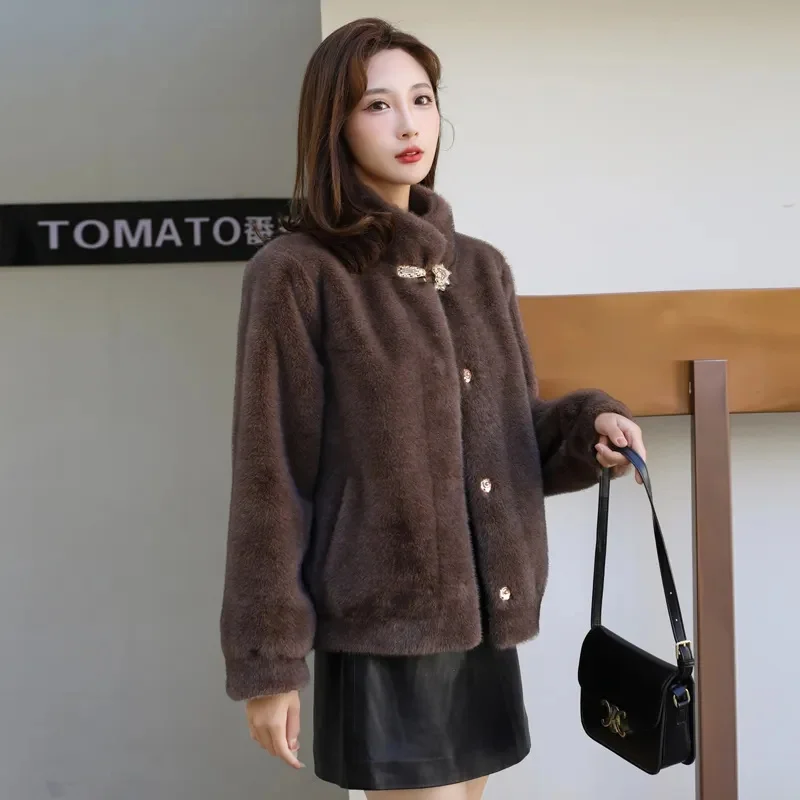 2024 New Fur One-Piece Gold Mink Fur Coat Women\'s Autumn Winter Temperament Woolen Jacket Joker Outwear Foreign-Style Ladies Top