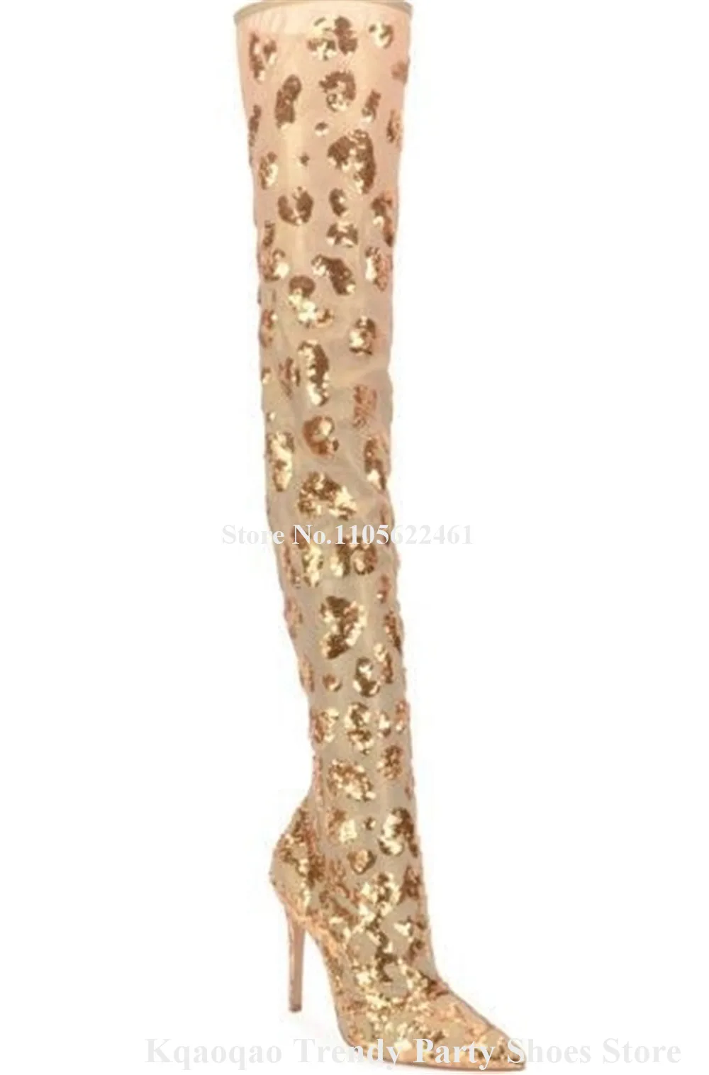 Kqaoqao Shining Gold Glitters Mesh Over Knee Stiletto Heel Boots Sexy Slim Pointed Toe Slip-on Elastic Thin Heel Long Boots