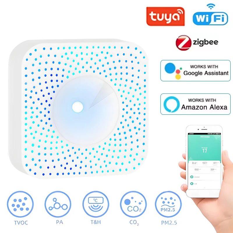 

Умный монитор качества воздуха Tuya WIFI/Zigbee VOC HCHO PM2,5, детектор газа, измеритель температуры и влажности 6 в 1, воздушная домработница