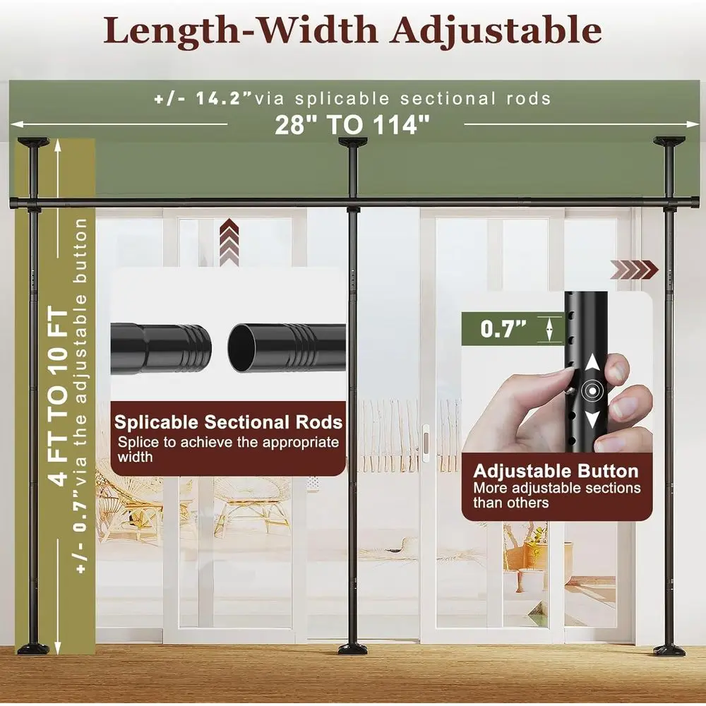 Room Divider, Tension Curtain Rods No Drilling, 4-10ft H 28-114inch W Adjustable Temporary Privacy Wall Divider, Heavy Duty Free