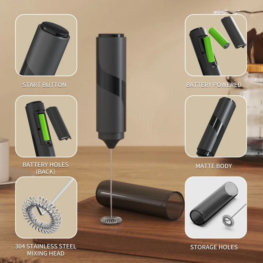 Stainless Steel Electric Milk Frother Handheld Coffee Frothing Wand With 10000 RPM Portable Latte Cappuccino Foamer AA Battery