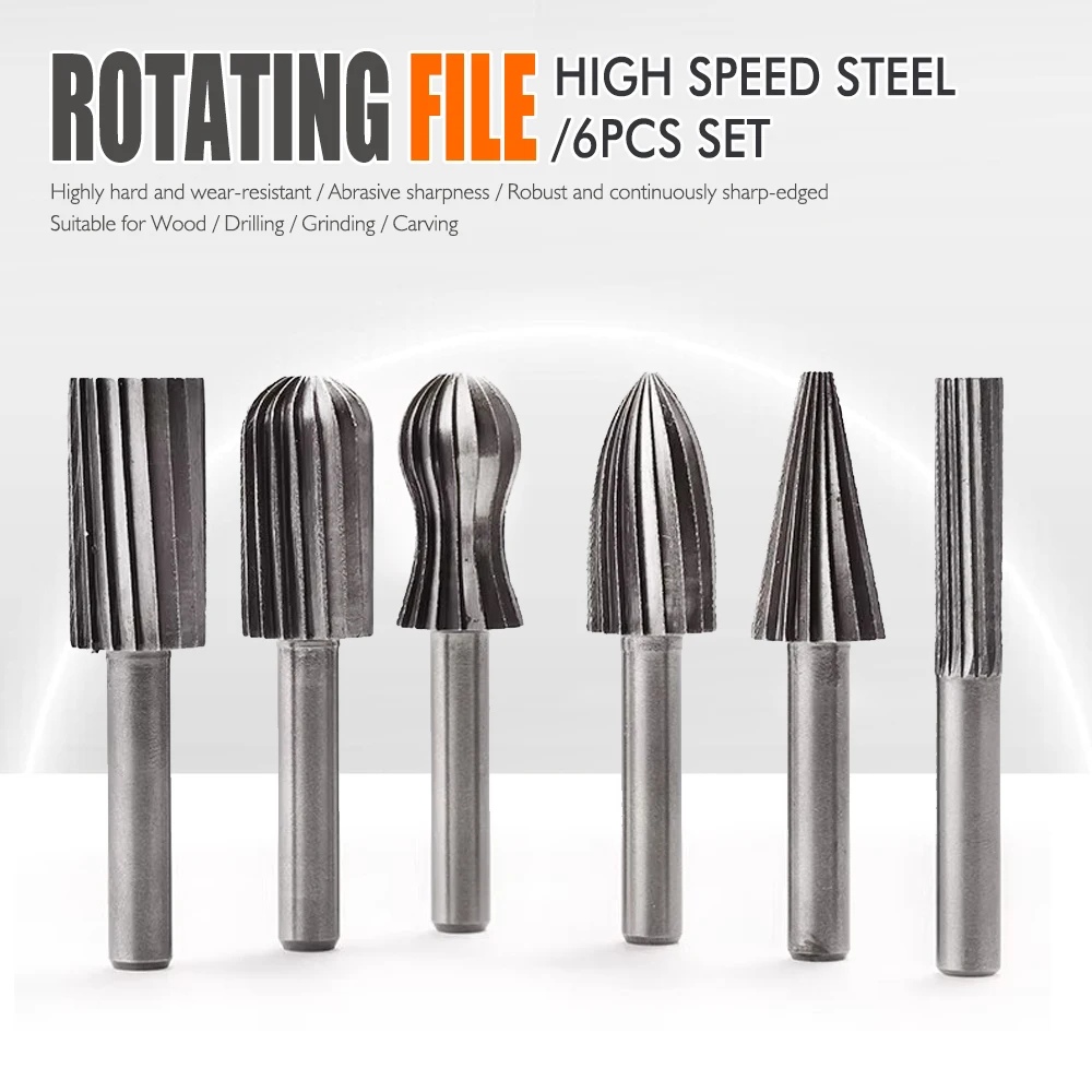 High-Speed Steel Rotary File 6-Piece Set for Woodworking, Wood Carving, Root Carving, Metal Grinding Heads, Milling Tools