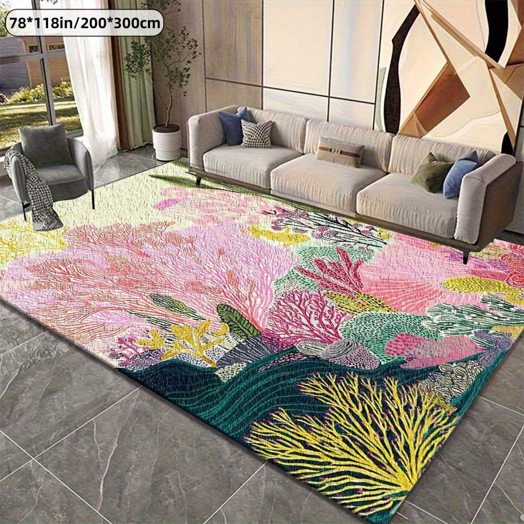 Nautical Coral Area Rug Pink Ocean Jellyfish Seaweed Illustration Carpet Soft Non-Slip Floor Mat for Living Room Bathroom Home Decor
