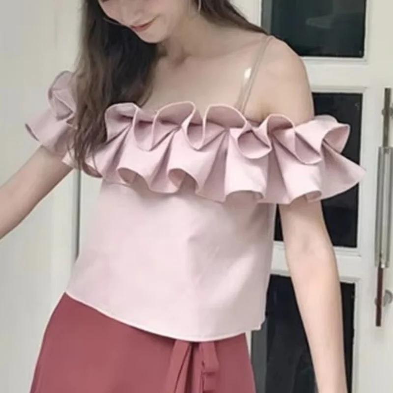

Women Strapless Ruffles Blouse New Summer Slash Neck Spaghetti Strap Chiffon Blouses Lady Backless Short Sleeve Shirt Short Tops