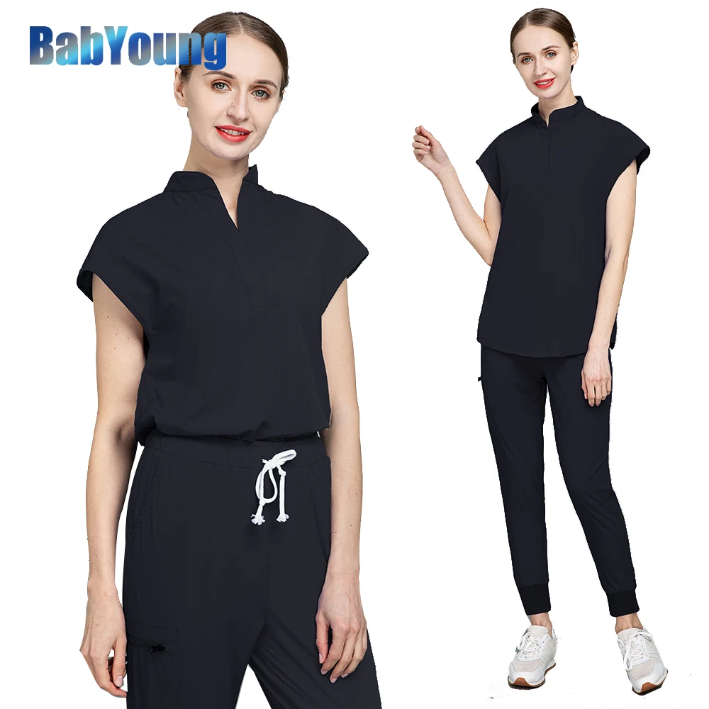 

Short Sleeved V-neck Scrubs Tops Jogging Pants Dentist Pet Grooming Working Scrub Uniform Clothes Women Workwear